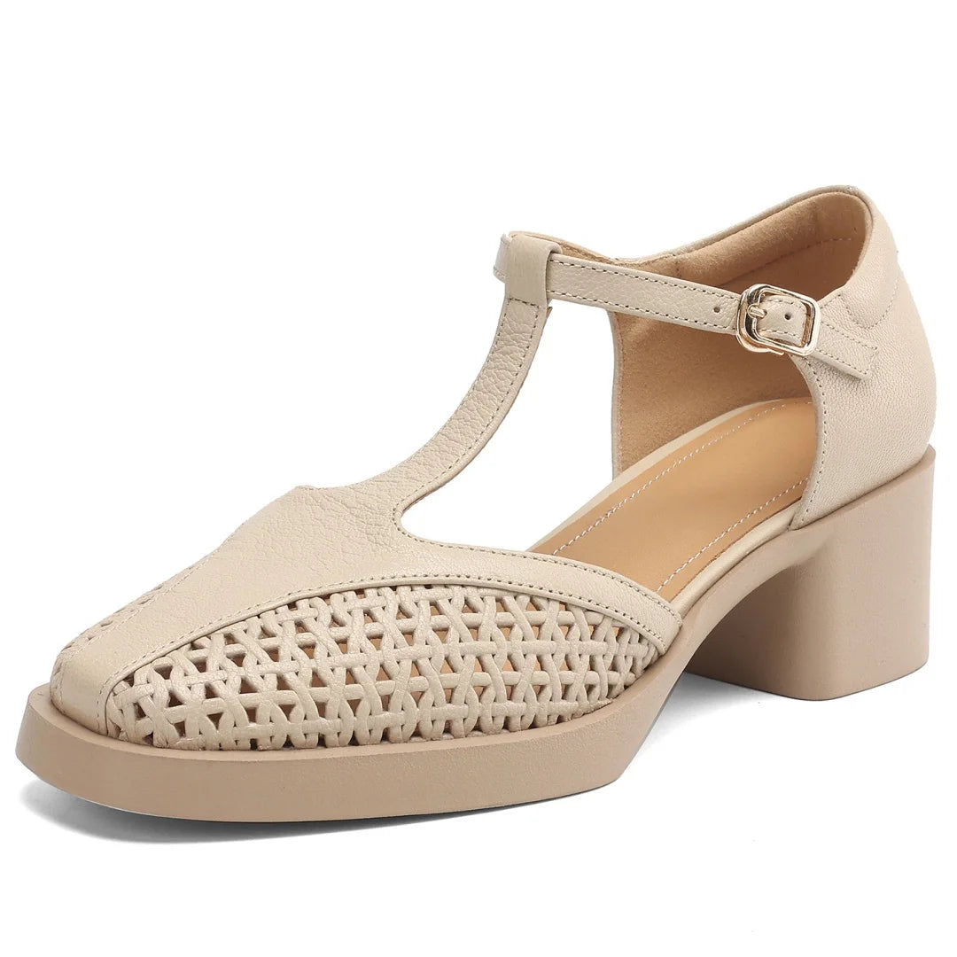 Classic Hollow-Out Sheepskin T-strap Thick Med Pumps High Heels Sandals