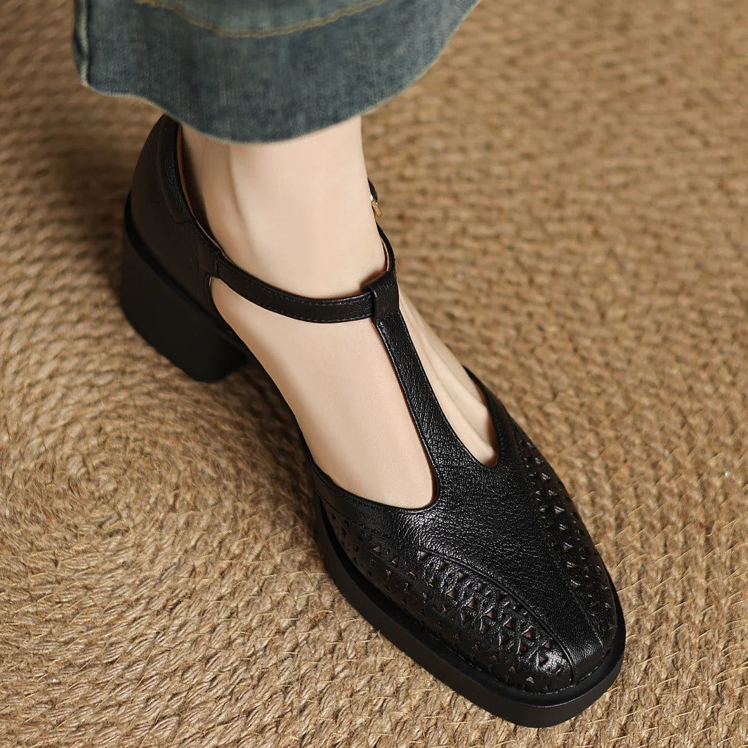 Classic Hollow-Out Sheepskin T-strap Thick Med Pumps High Heels Sandals