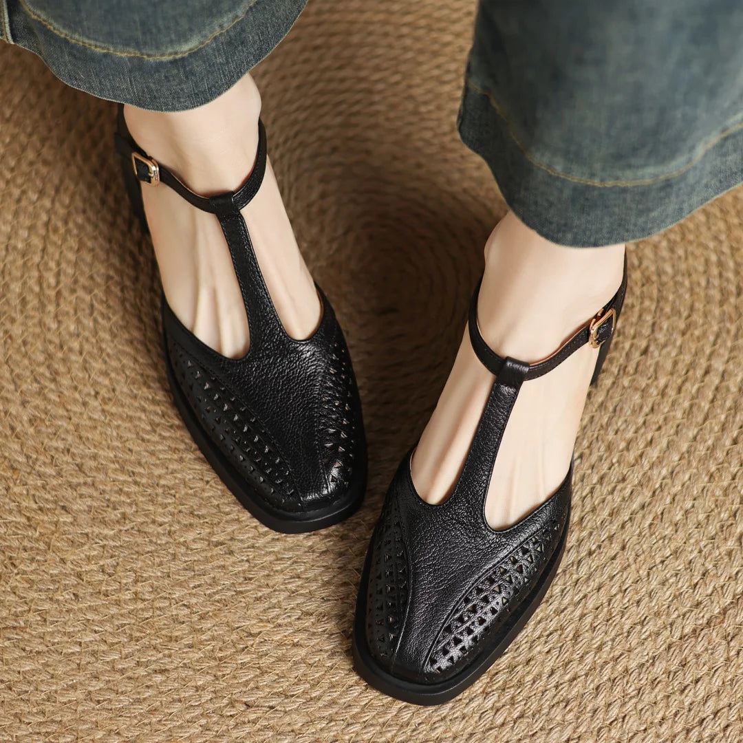 Classic Hollow-Out Sheepskin T-strap Thick Med Pumps High Heels Sandals