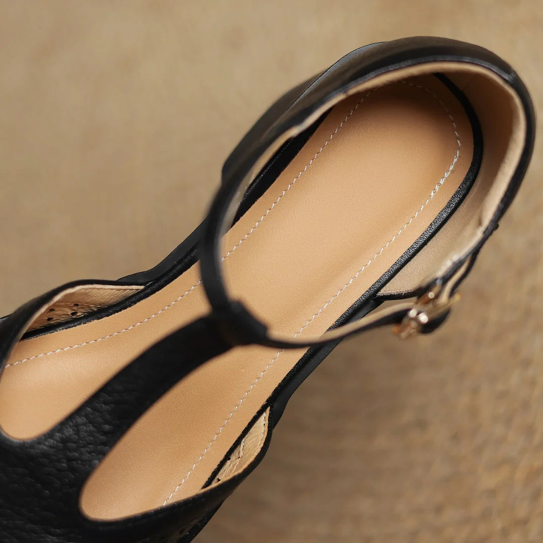 Classic Hollow-Out Sheepskin T-strap Thick Med Pumps High Heels Sandals