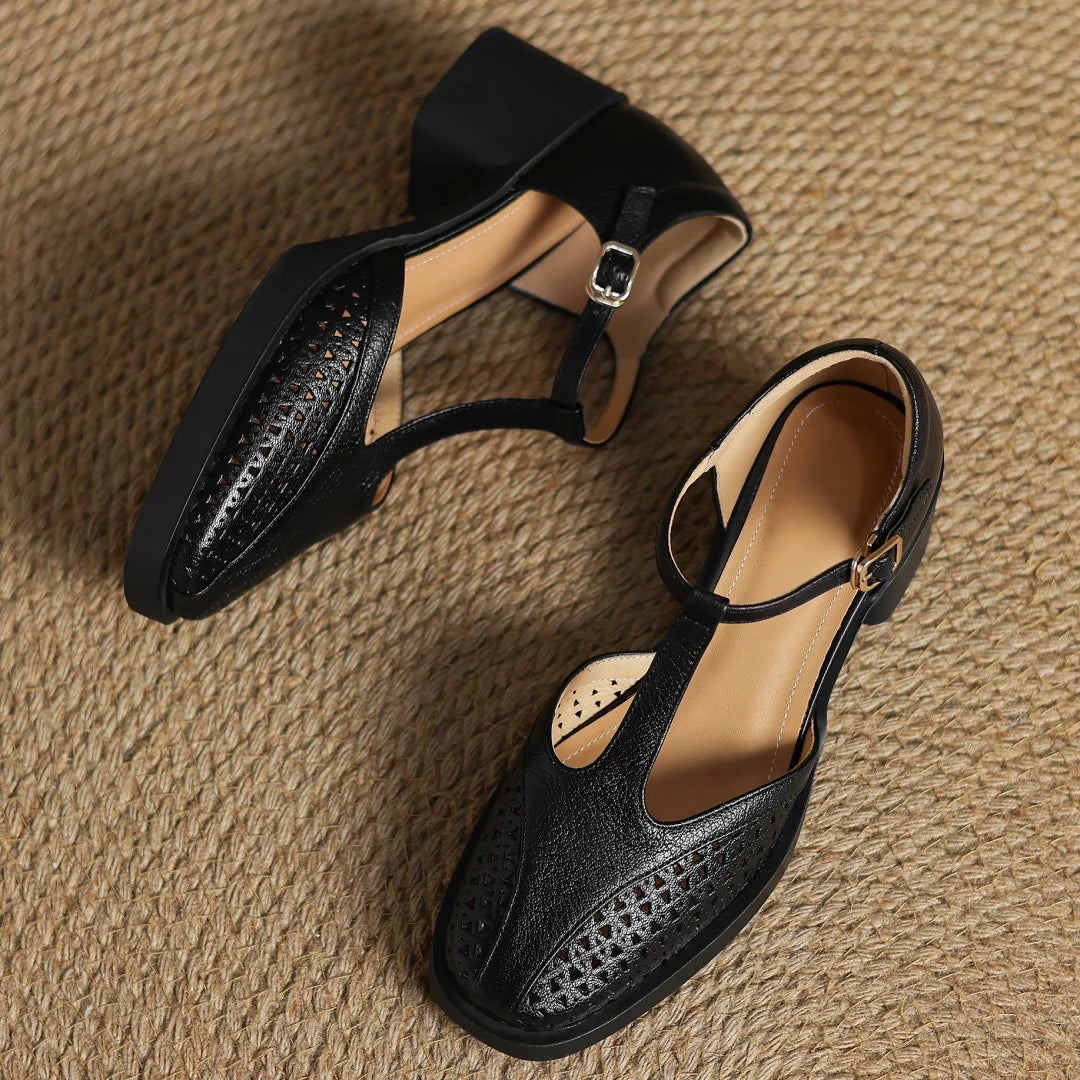Classic Hollow-Out Sheepskin T-strap Thick Med Pumps High Heels Sandals