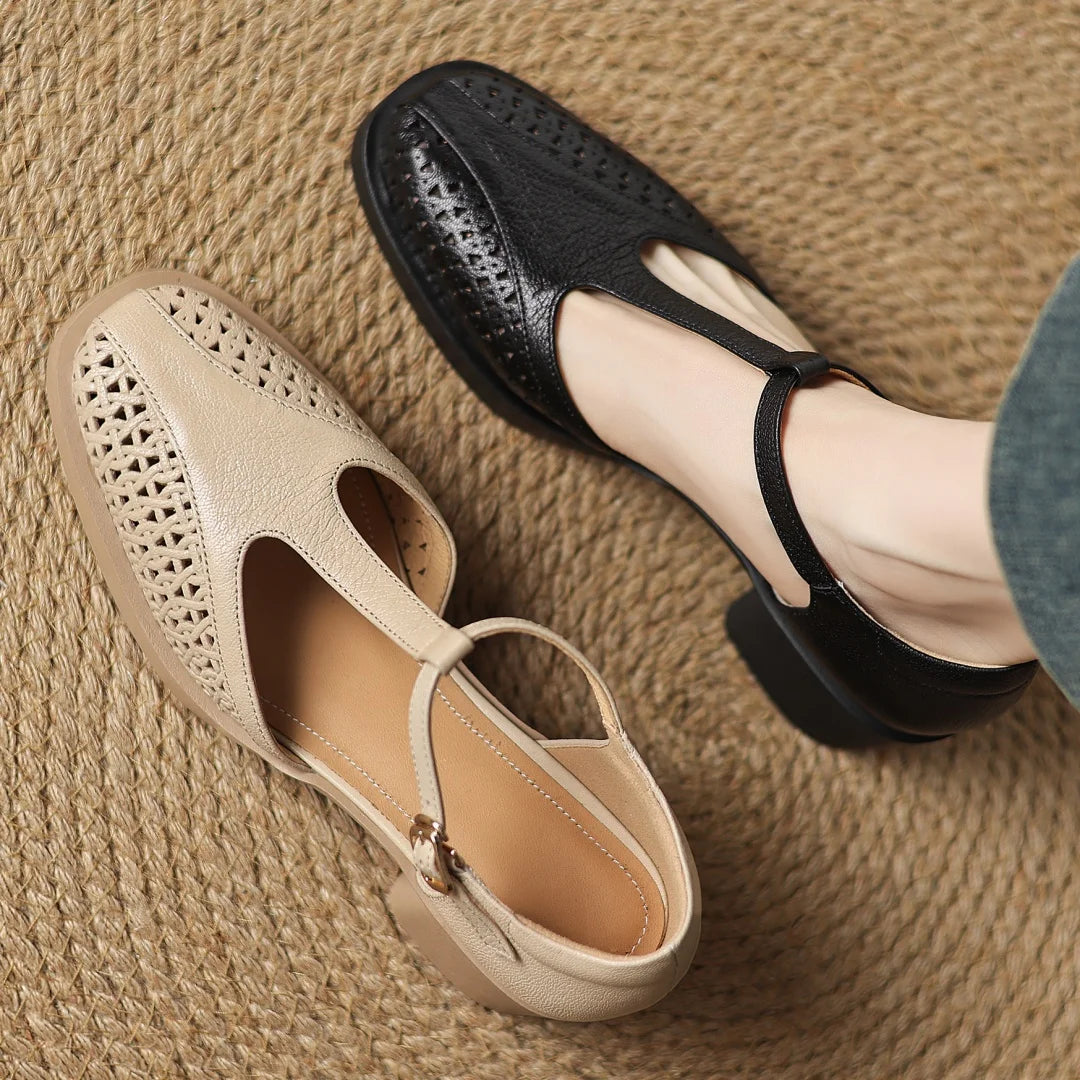Classic Hollow-Out Sheepskin T-strap Thick Med Pumps High Heels Sandals