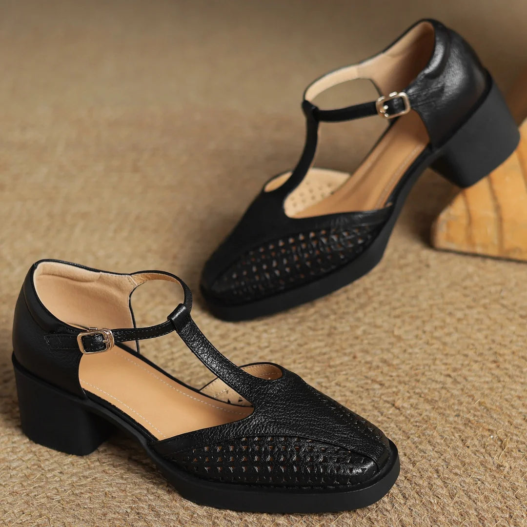 Classic Hollow-Out Sheepskin T-strap Thick Med Pumps High Heels Sandals
