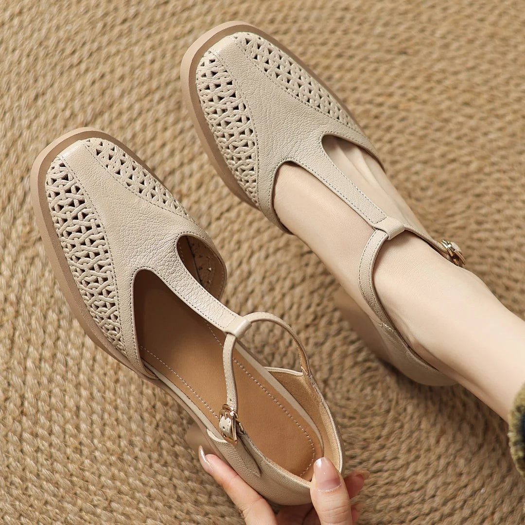 Classic Hollow-Out Sheepskin T-strap Thick Med Pumps High Heels Sandals