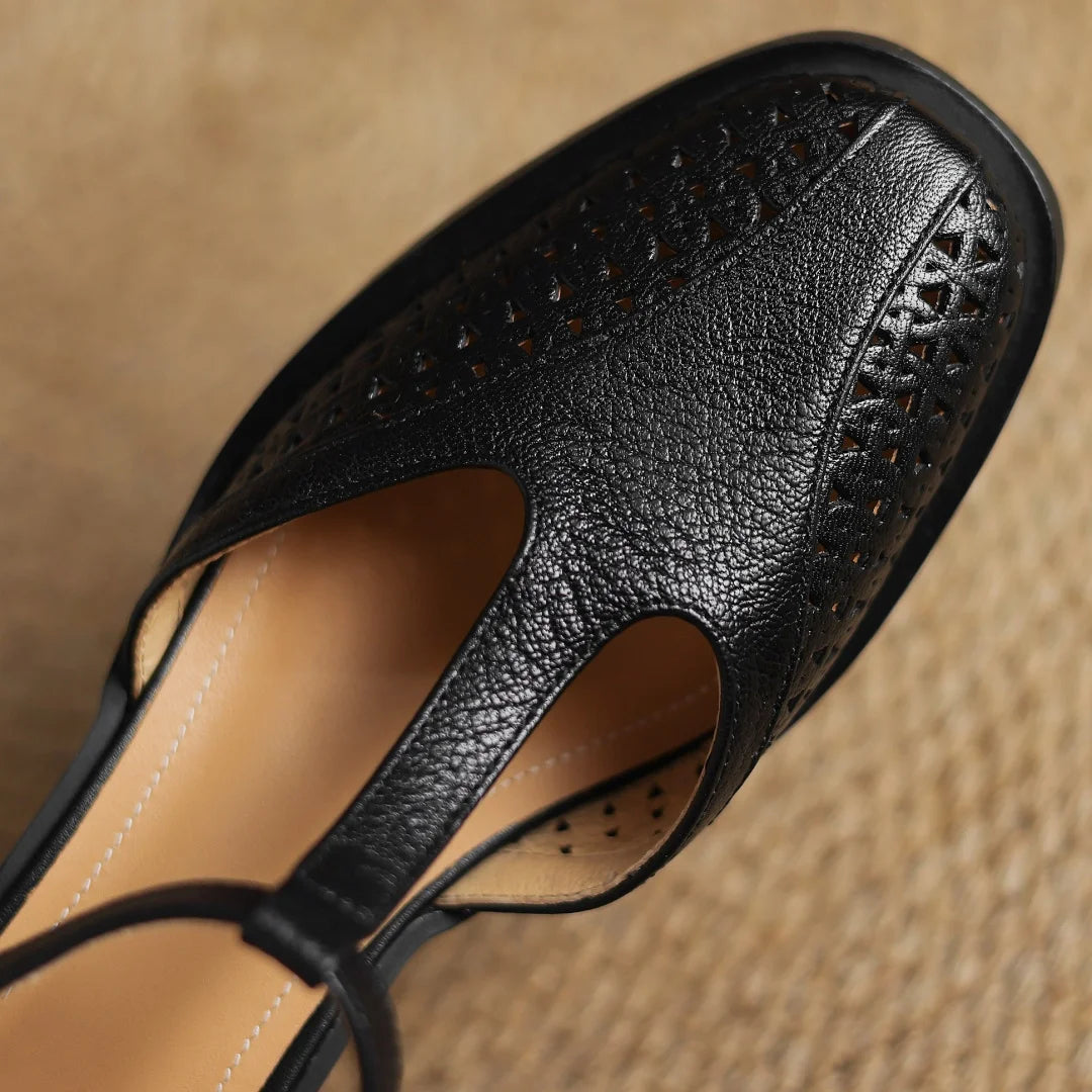 Classic Hollow-Out Sheepskin T-strap Thick Med Pumps High Heels Sandals