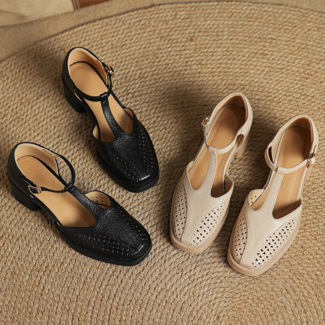 Classic Hollow-Out Sheepskin T-strap Thick Med Pumps High Heels Sandals