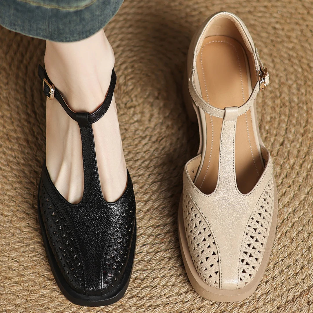 Classic Hollow-Out Sheepskin T-strap Thick Med Pumps High Heels Sandals