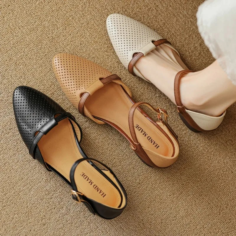Classic Patchwork Hollow-Out Pointed Toe Ankle Strap Flats Sandals