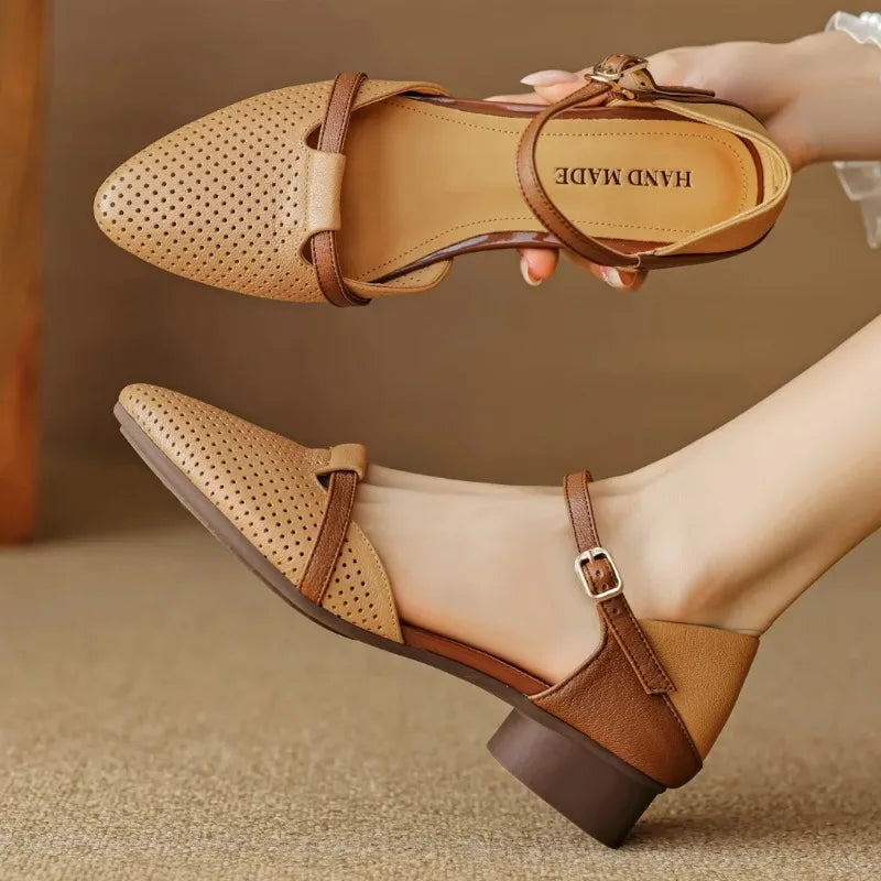 Classic Patchwork Hollow-Out Pointed Toe Ankle Strap Flats Sandals
