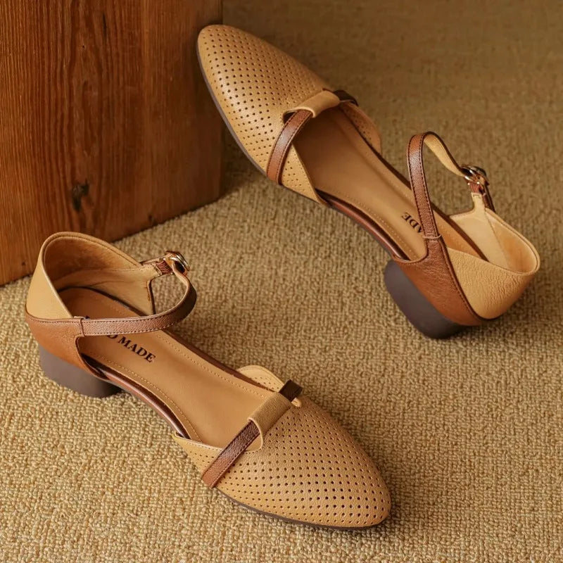 Classic Patchwork Hollow-Out Pointed Toe Ankle Strap Flats Sandals