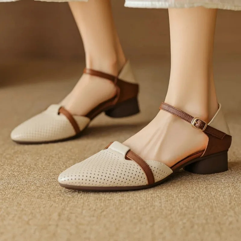 Classic Patchwork Hollow-Out Pointed Toe Ankle Strap Flats Sandals