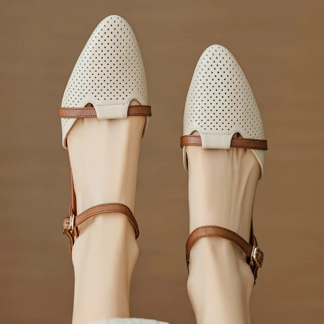 Classic Patchwork Hollow-Out Pointed Toe Ankle Strap Flats Sandals