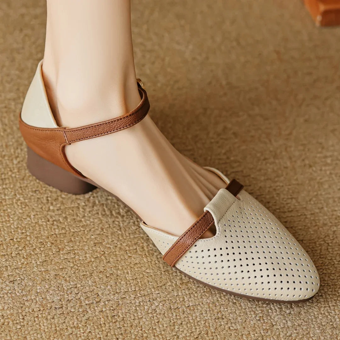 Classic Patchwork Hollow-Out Pointed Toe Ankle Strap Flats Sandals
