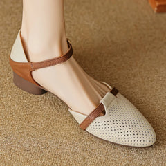 Classic Patchwork Hollow-Out Pointed Toe Ankle Strap Flats Sandals