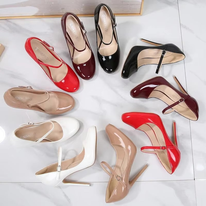Novelty Patent Leather Ankle Strap Nightclub Party Thin High Heel