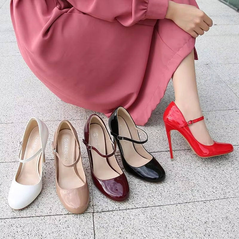 Novelty Patent Leather Ankle Strap Nightclub Party Thin High Heel