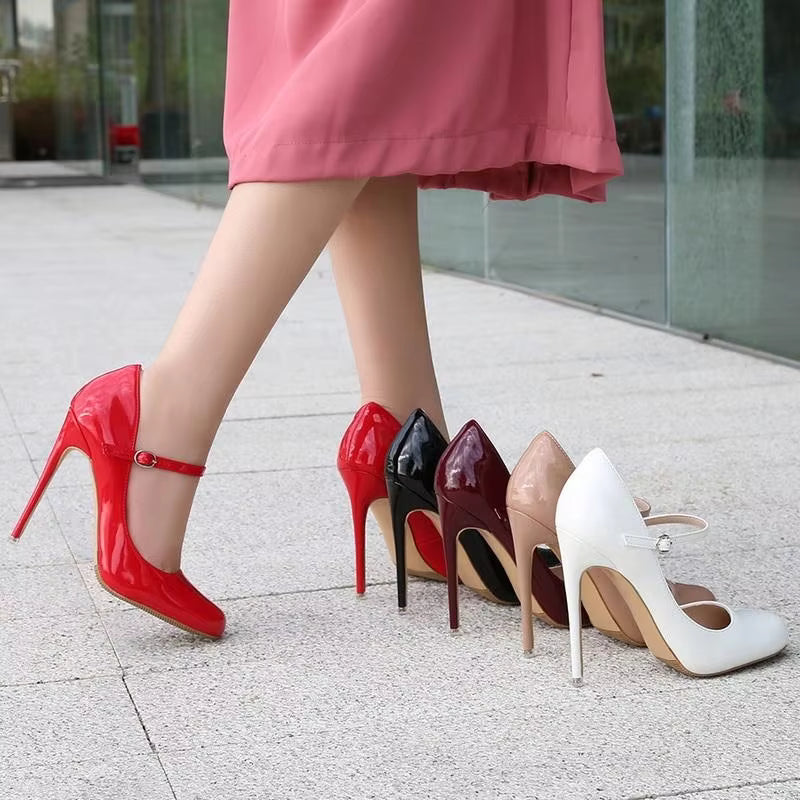 Novelty Patent Leather Ankle Strap Nightclub Party Thin High Heel