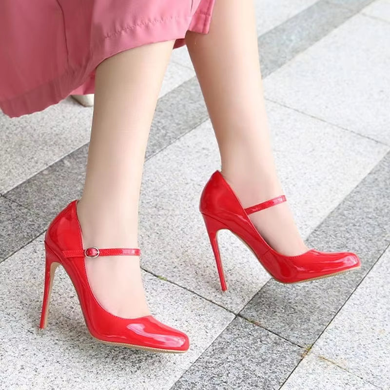Novelty Patent Leather Ankle Strap Nightclub Party Thin High Heel