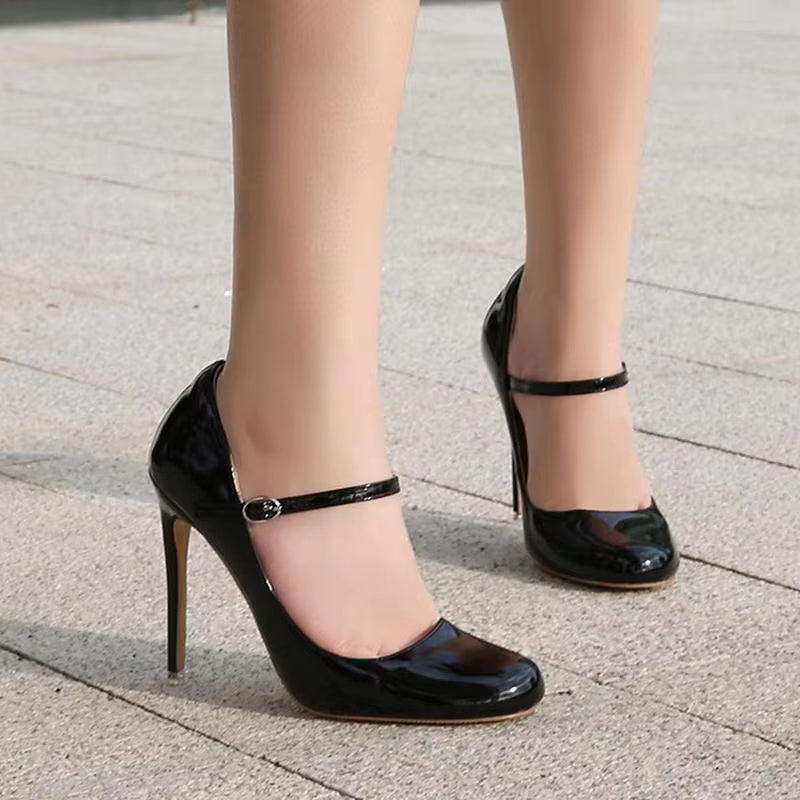 Novelty Patent Leather Ankle Strap Nightclub Party Thin High Heel