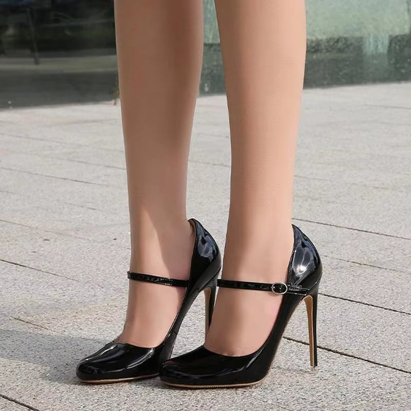 Novelty Patent Leather Ankle Strap Nightclub Party Thin High Heel