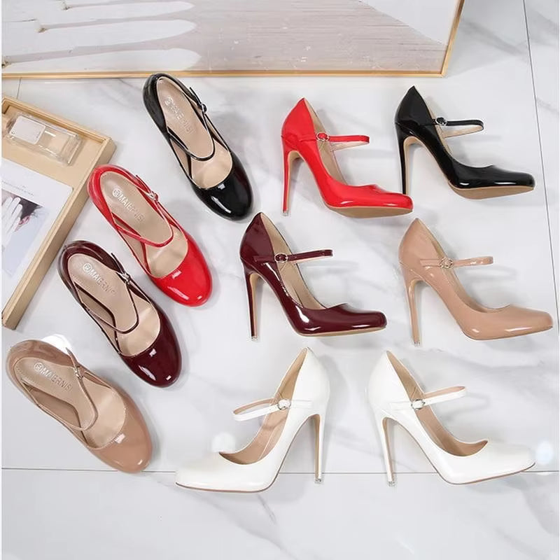 Novelty Patent Leather Ankle Strap Nightclub Party Thin High Heel