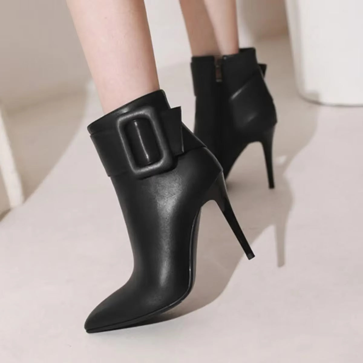 Classic Solid Buckles Pointed Toe Short For High Heels Office Lady Boots