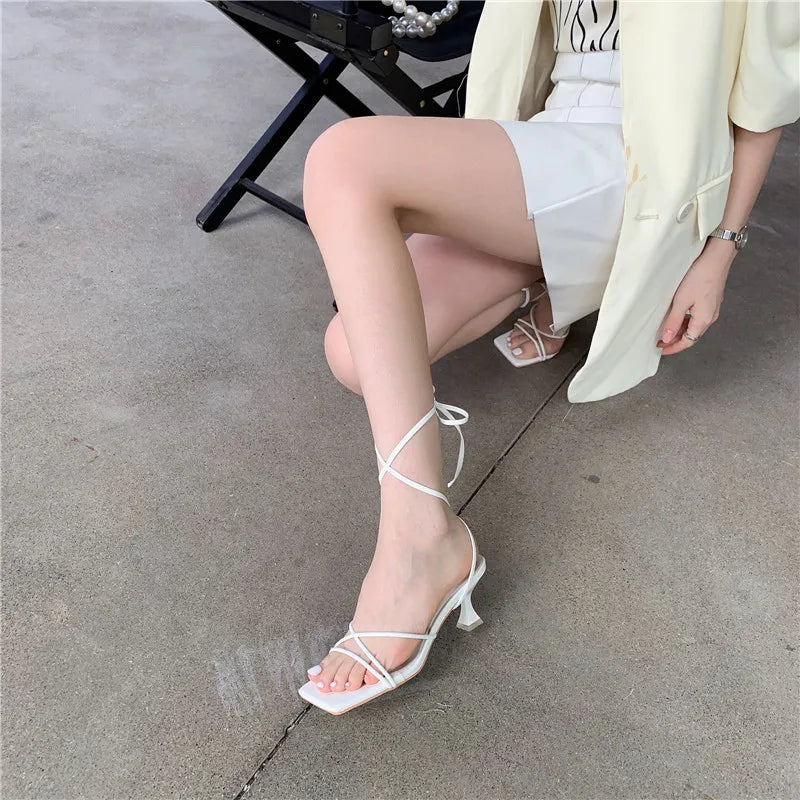 Classic Cross-tied Thin Low Heel Lace Up Gladiator Narrow Band Sandals