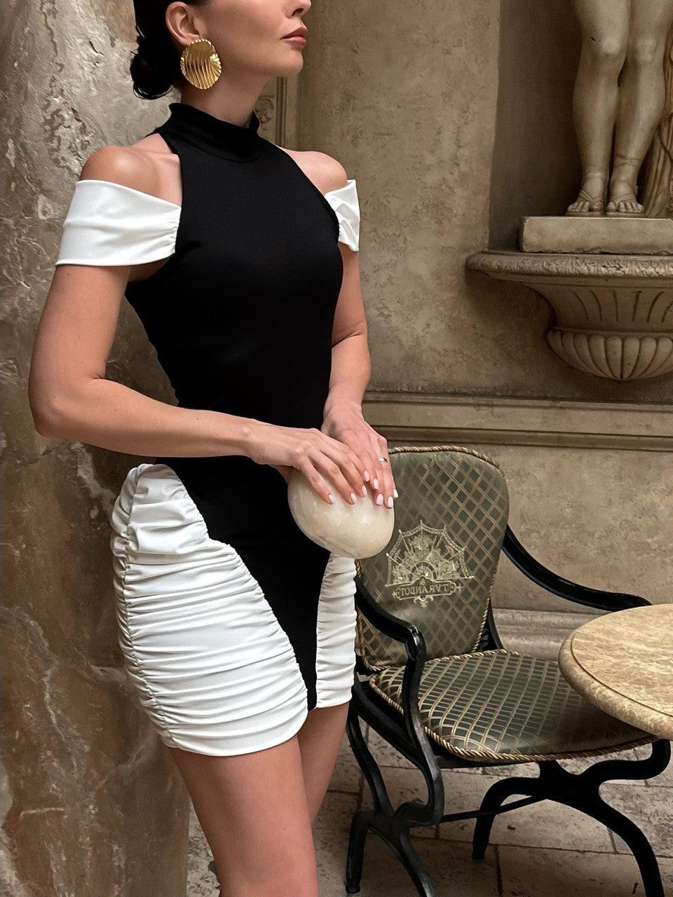 Cold Shoulder Ruched Dress Black White
