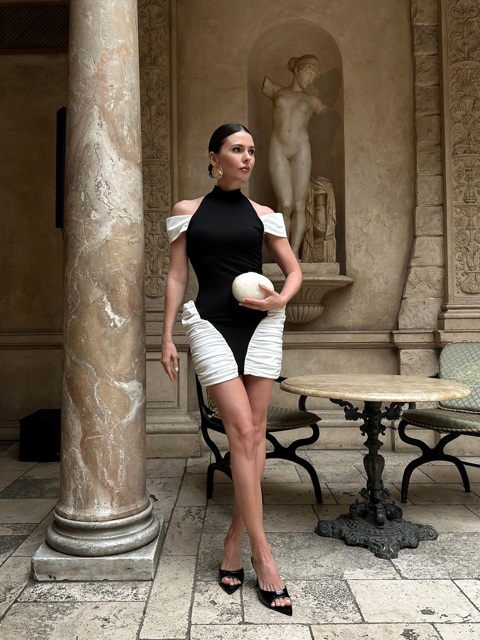 Cold Shoulder Ruched Dress Black White