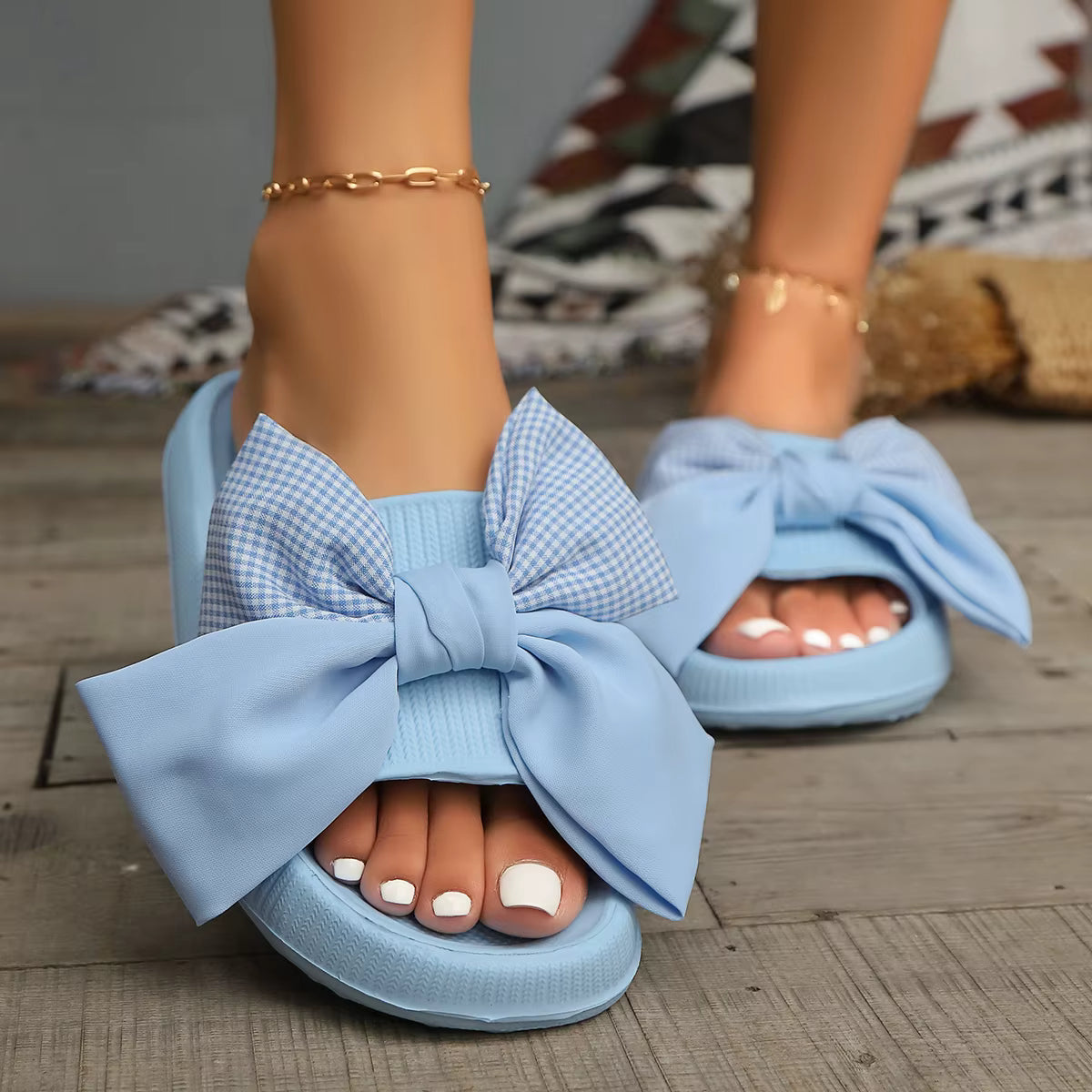 Color-Blocked Plaid Bow Use Sweet Comfortable Soft Flip-Flops