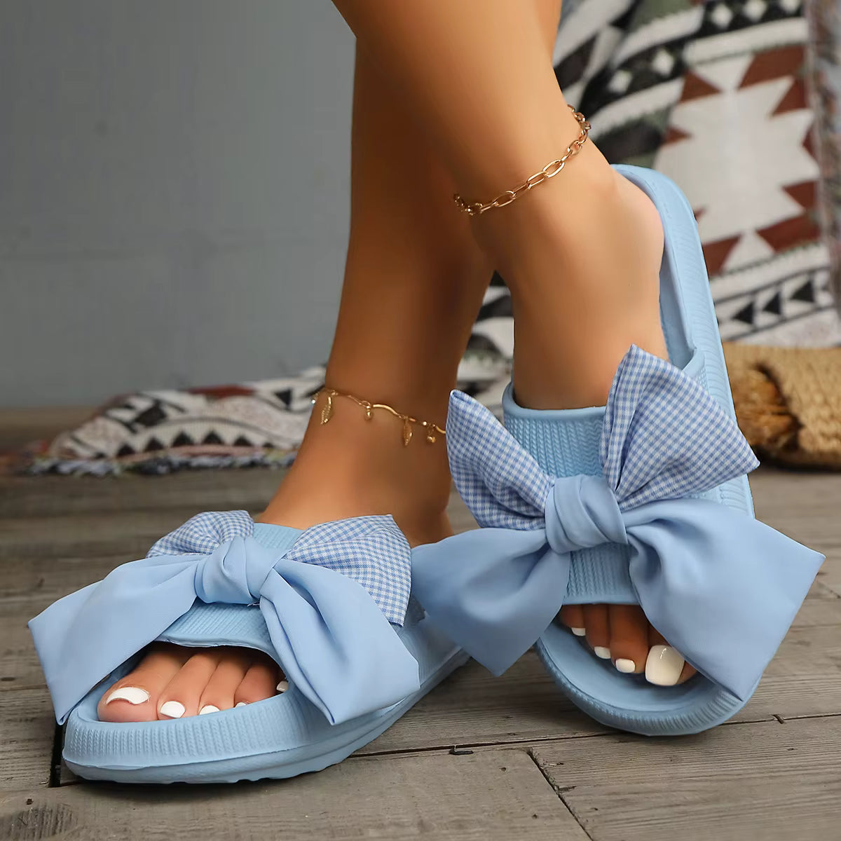 Color-Blocked Plaid Bow Use Sweet Comfortable Soft Flip-Flops