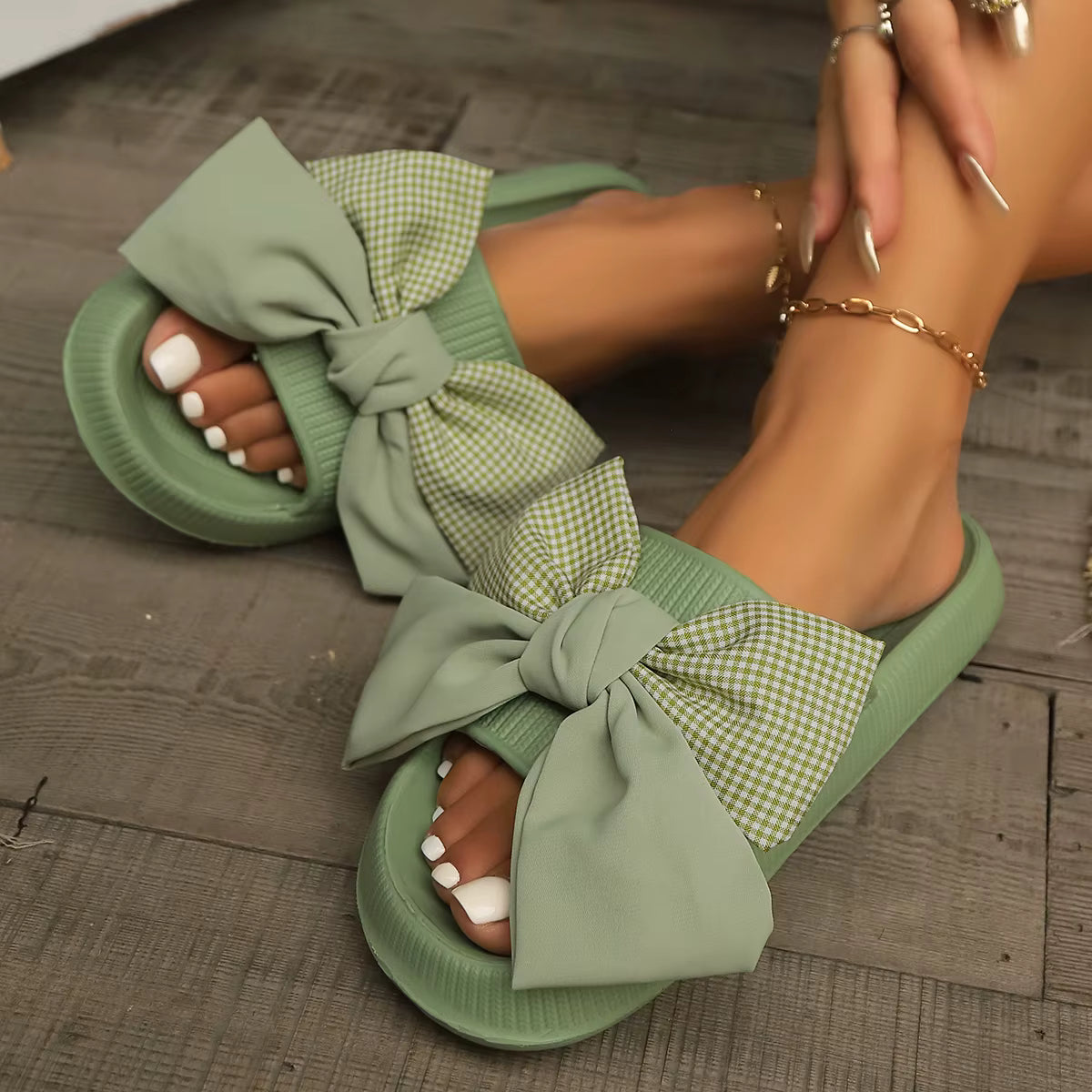 Color-Blocked Plaid Bow Use Sweet Comfortable Soft Flip-Flops