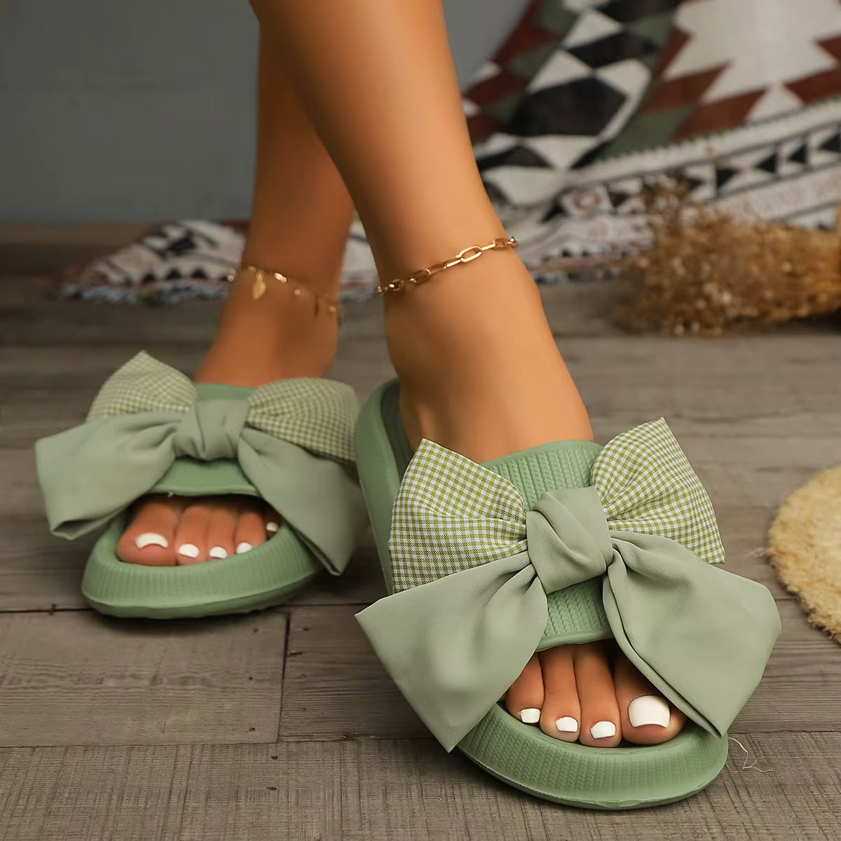 Color-Blocked Plaid Bow Use Sweet Comfortable Soft Flip-Flops