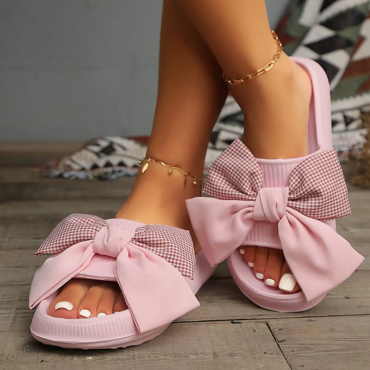 Color-Blocked Plaid Bow Use Sweet Comfortable Soft Flip-Flops
