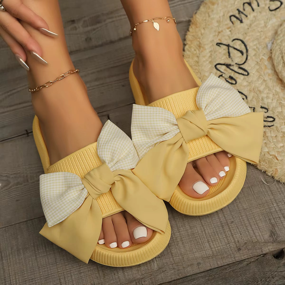 Color-Blocked Plaid Bow Use Sweet Comfortable Soft Flip-Flops
