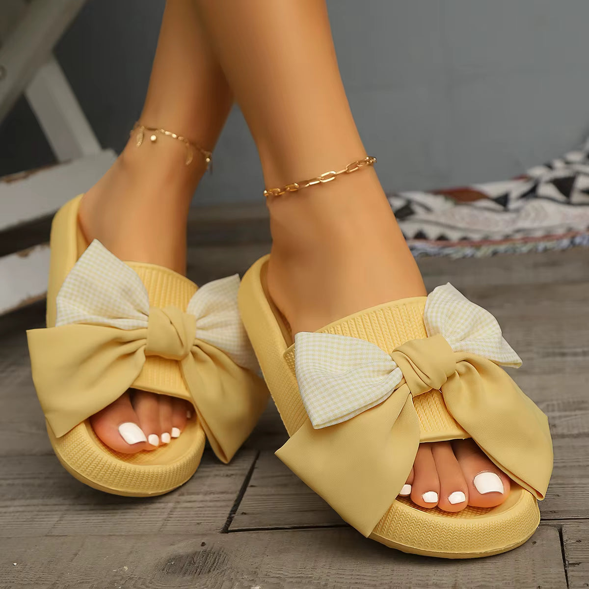Color-Blocked Plaid Bow Use Sweet Comfortable Soft Flip-Flops