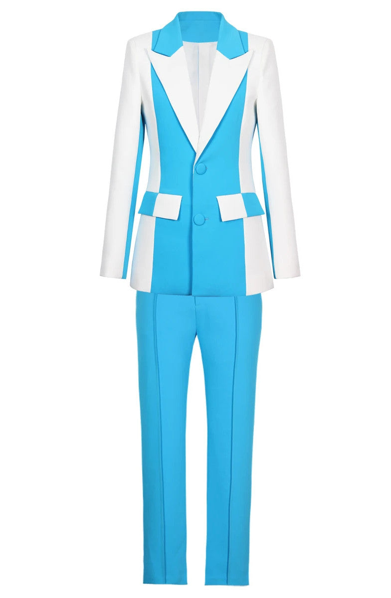 Long Sleeve Colorblock Suit Blue White