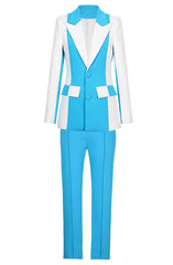 Long Sleeve Colorblock Suit Blue White