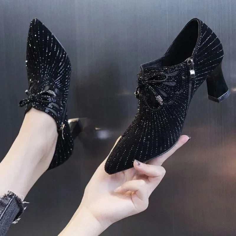 Colored Diamond Bow Knot Shallow Mouth Side Zipper Pointed Toe Thick High Heels