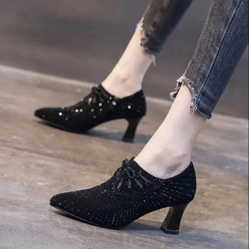 Colored Diamond Bow Knot Shallow Mouth Side Zipper Pointed Toe Thick High Heels