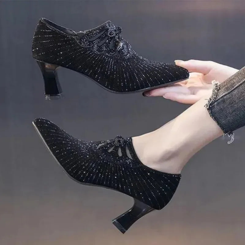 Colored Diamond Bow Knot Shallow Mouth Side Zipper Pointed Toe Thick High Heels