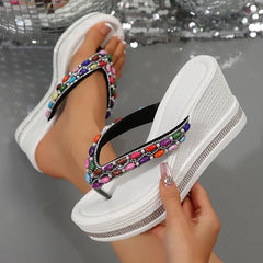 Colorful Beaded Thick Sole Beach Style Clip Toe Chunky Platform Wedge Heel
