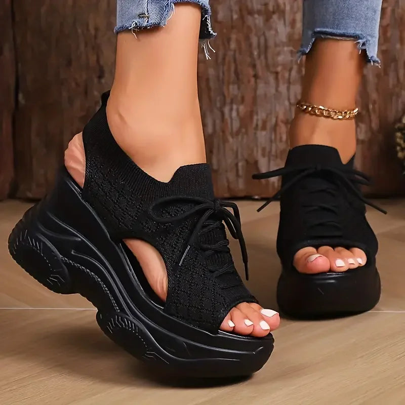 Comfortable Round-Toe Wedge Light Thick-soled Lace-up Roman Sandals