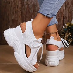 Comfortable Round-Toe Wedge Light Thick-soled Lace-up Roman Sandals