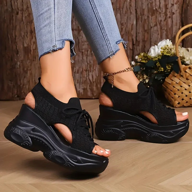 Comfortable Round-Toe Wedge Light Thick-soled Lace-up Roman Sandals