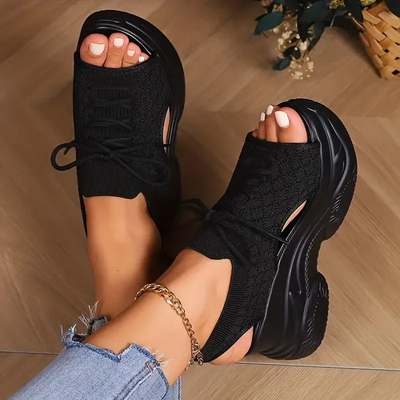 Comfortable Round-Toe Wedge Light Thick-soled Lace-up Roman Sandals