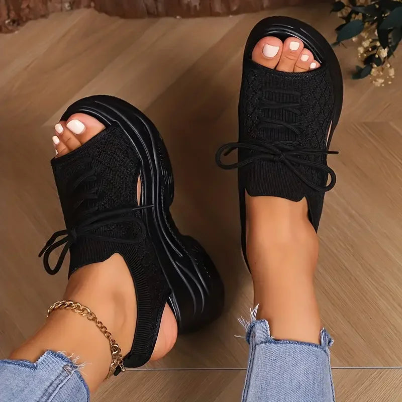 Comfortable Round-Toe Wedge Light Thick-soled Lace-up Roman Sandals