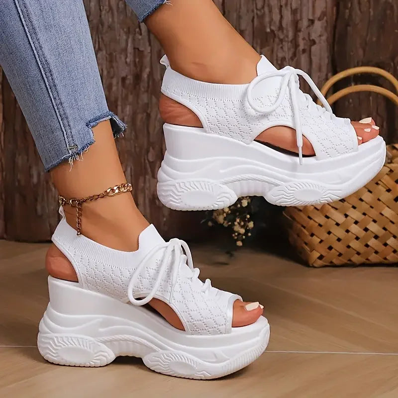 Comfortable Round-Toe Wedge Light Thick-soled Lace-up Roman Sandals