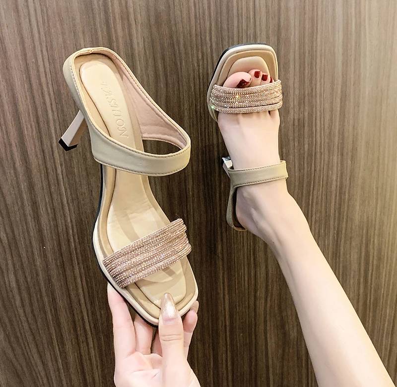 Concise Crystal Open Toe Pull On Slide Pull On Square Heel High Heels