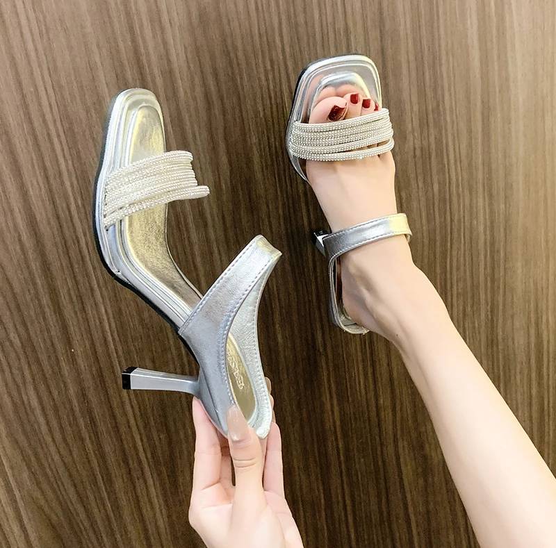 Concise Crystal Open Toe Pull On Slide Pull On Square Heel High Heels